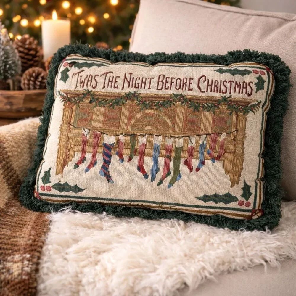 Vintage 90โs Tapestry โTwasโThe Night Before Christmas" Needlepoint Throw Pillow
